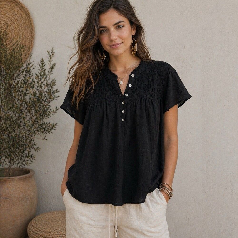 Style & Co Cotton Smocked Short Sleeve Blouse Black Ruffle Minimalist Basic 2X